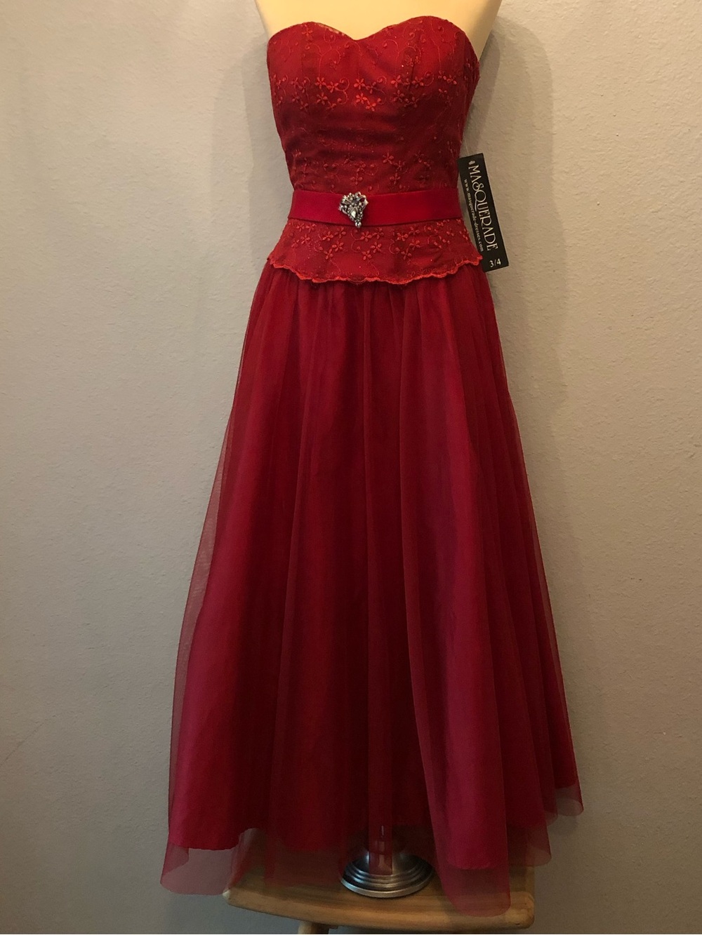 Masquerade Red Strapless Lace Tulle Homecoming Hoco Prom Fall Formal Dress 3/4